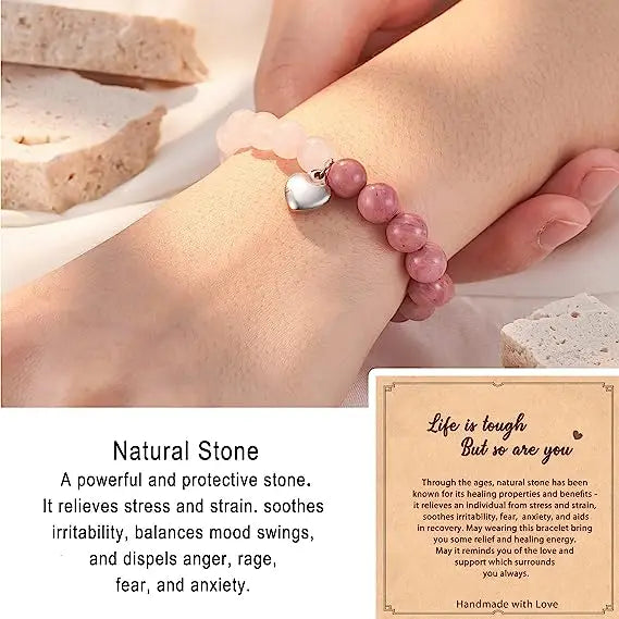 Pink Zebra Bead Heart Pendant Bracelet