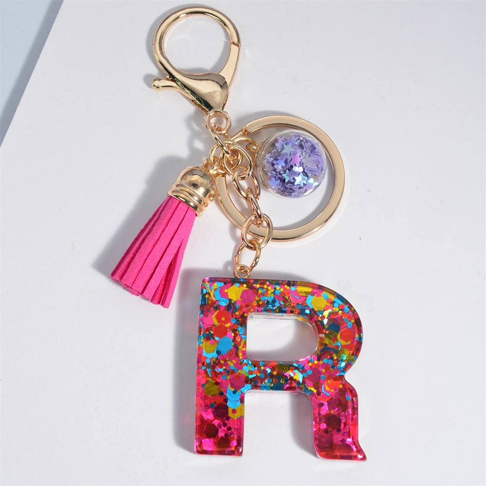 Mystery Star Ball 26 Letters Tassel Fuchsia Keychain
