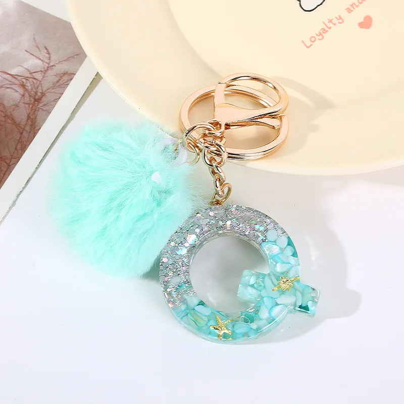 Aqua Flow 26 Initials Letter Key Pendant With Green Blue Fluffy Pompom
