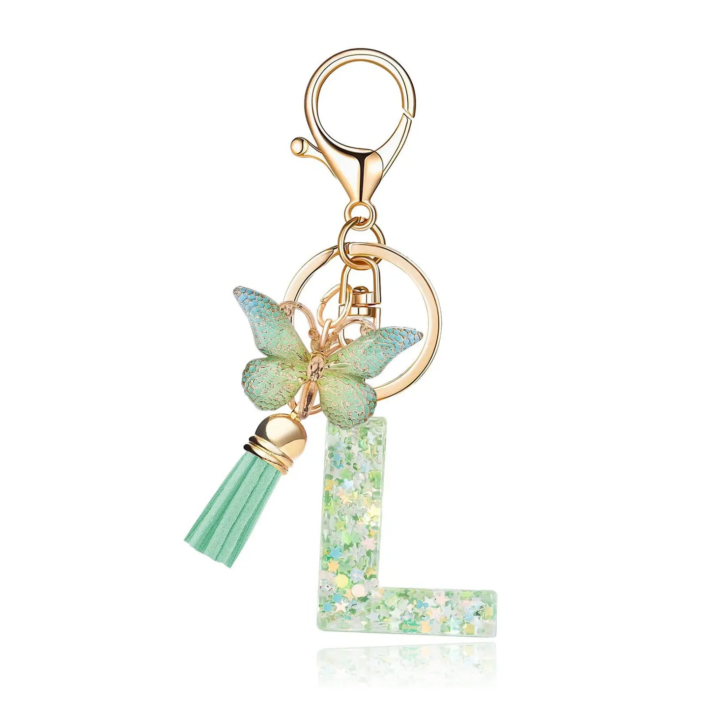 Spring Green Color Glitter Initial Letter Key Chain With Butterfly Tassel Pendant ﻿