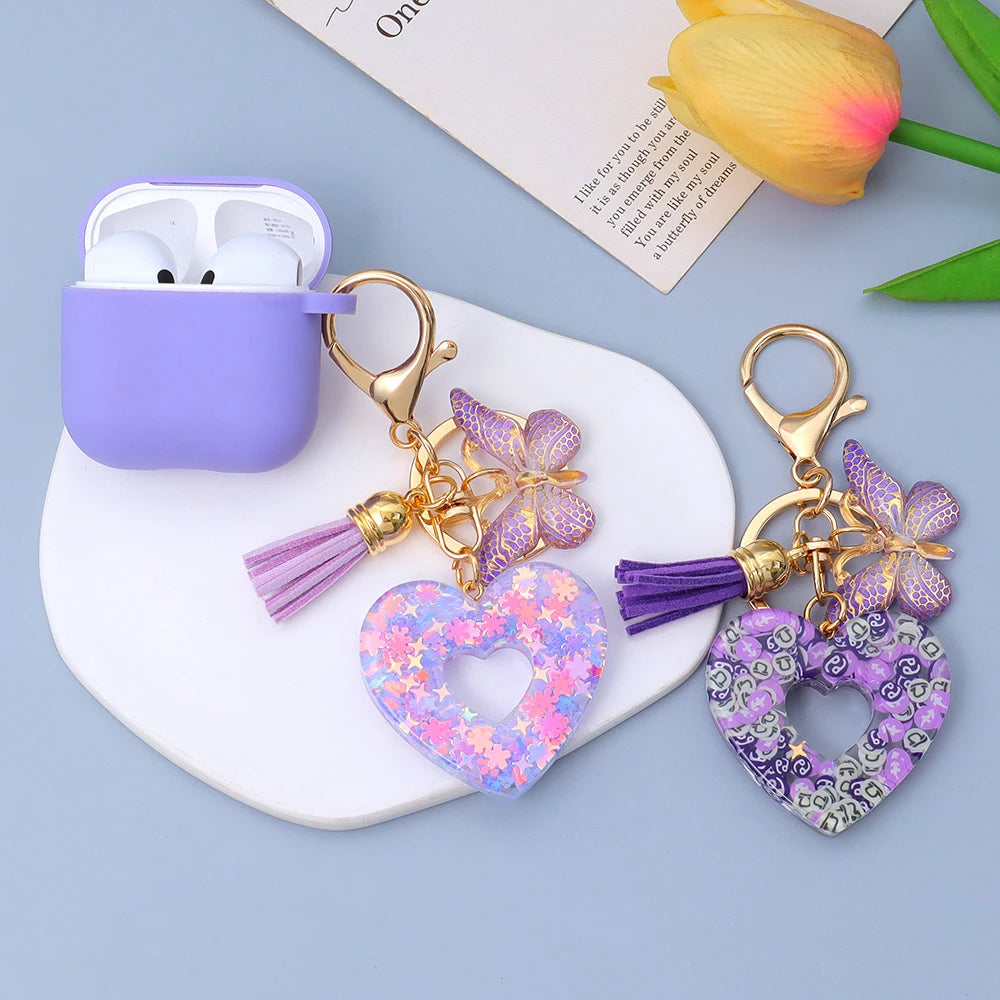 Creative Sequin Love Heart Keychain with Cute Butterfly Tassel