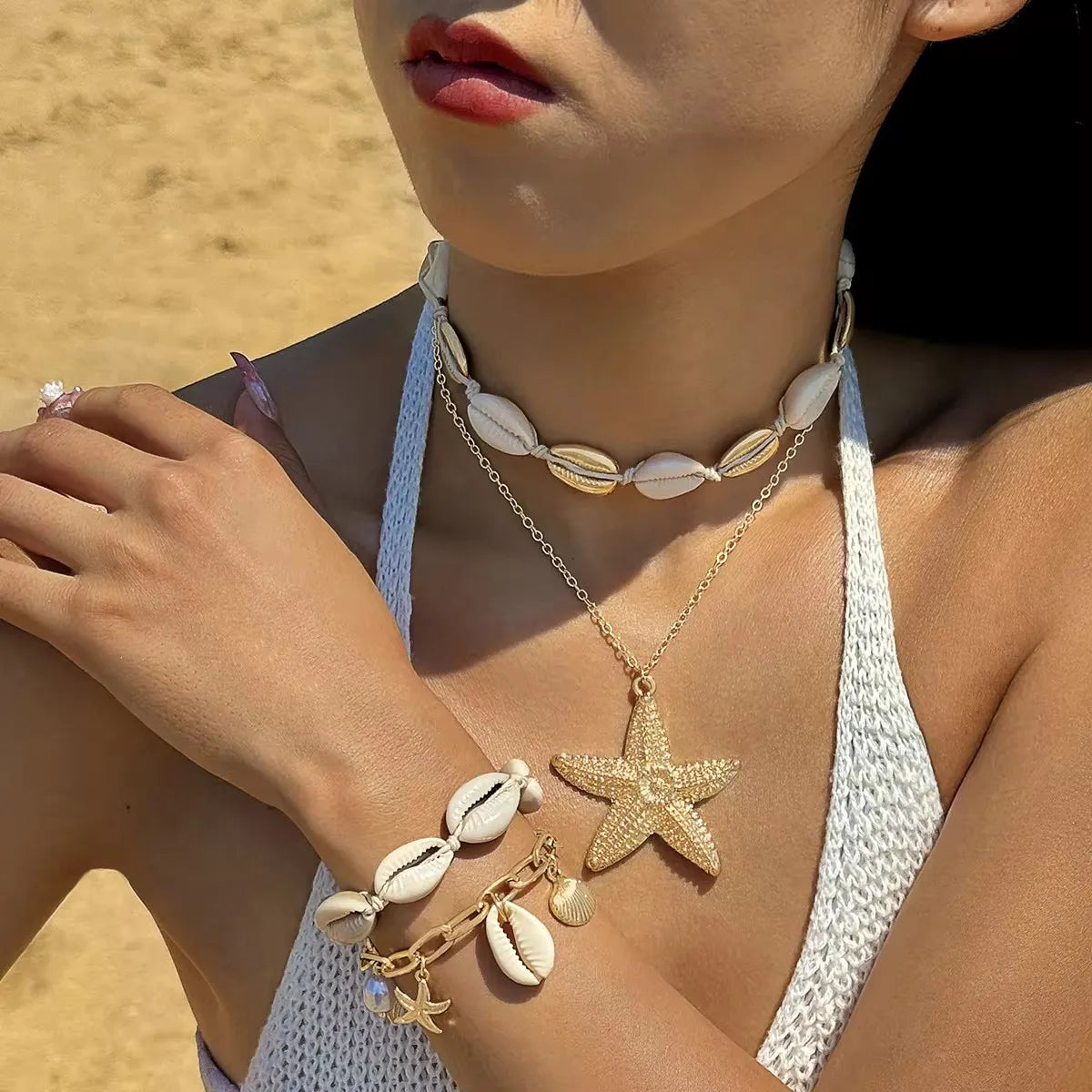 Bohemia Beach Fashion Shell Starfish Pendant Necklace & Bracelet Set