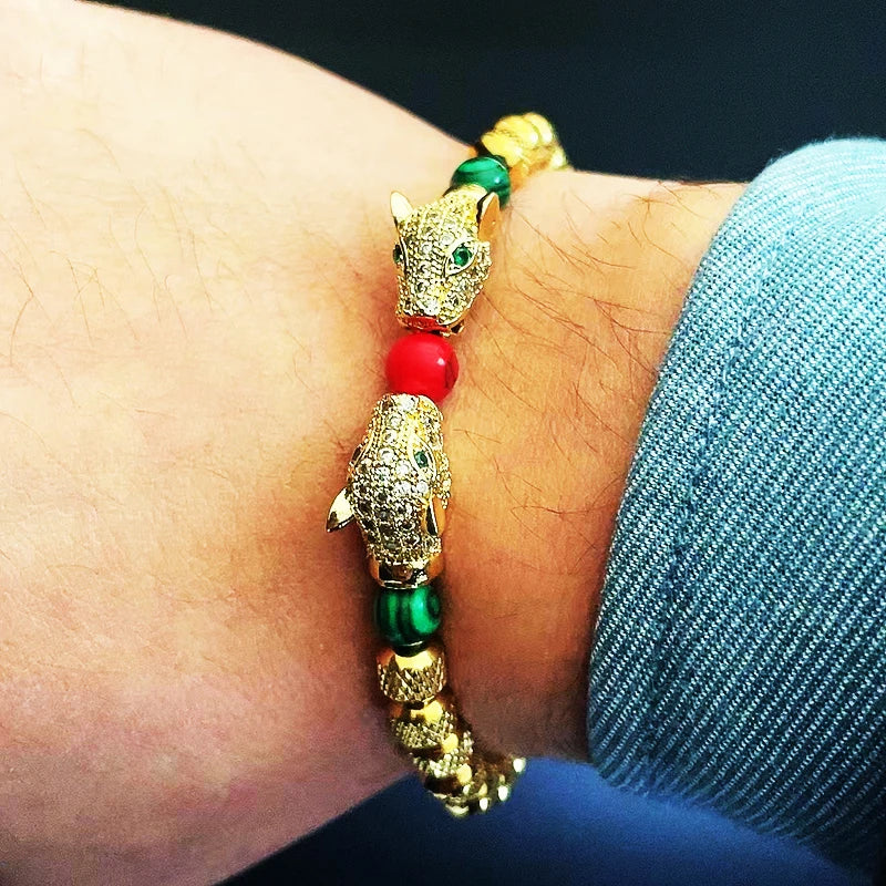 Luxury Red Stone Leopard Head Charms Bracelet