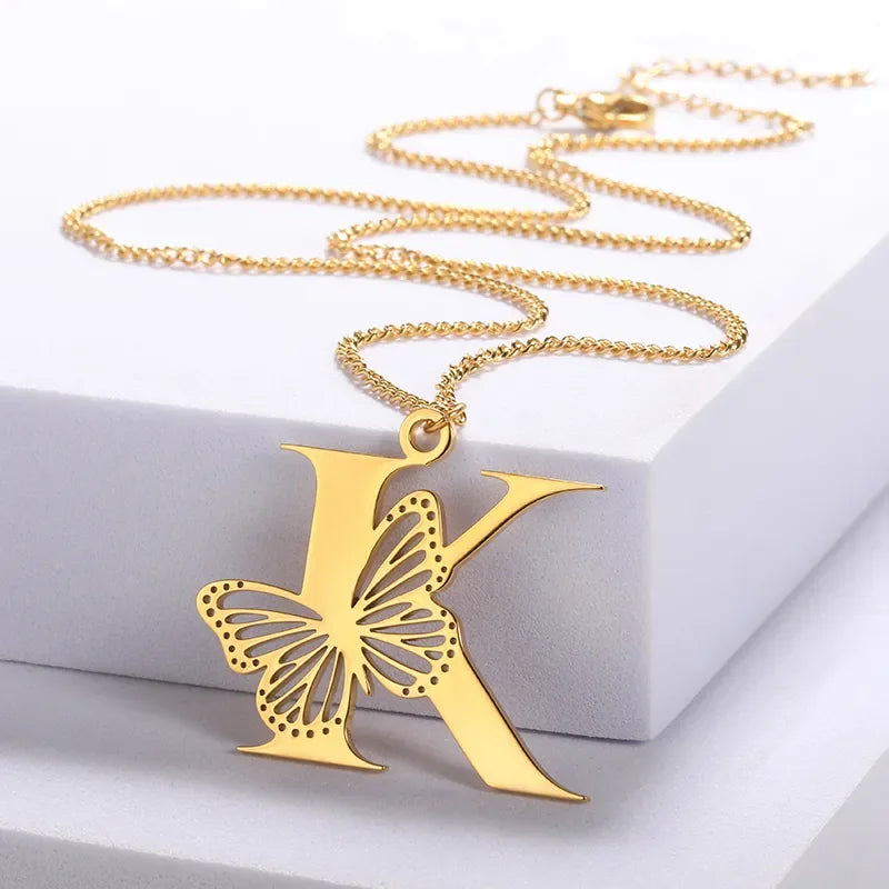 Dainty Butterfly Initial Letters Pendant Necklaces