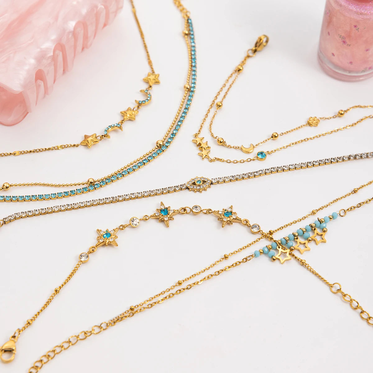 Celestial Star and Moon Double 18K Gold Bracelet