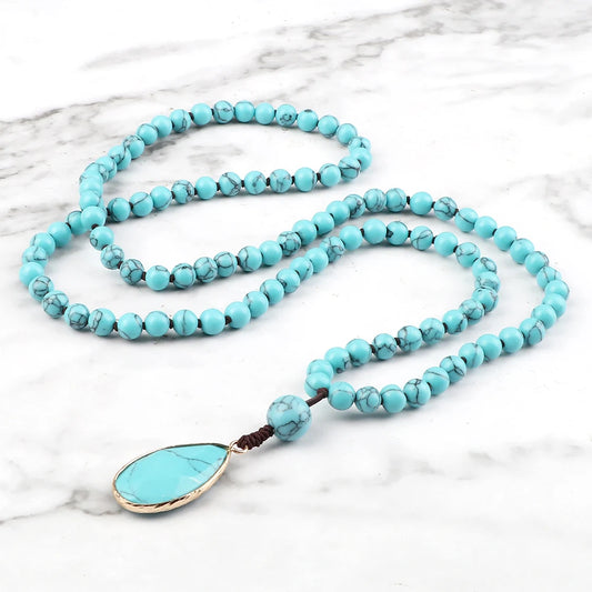 Sky Blue Water Drop Pendant Blue Stone Beaded Necklace