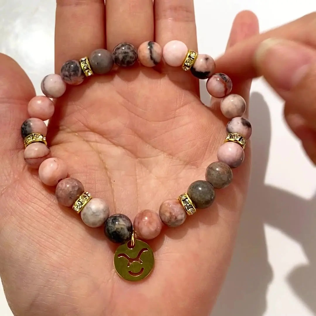 Pink Zebra Stone 12 Star Constellation Sign Beaded Bracelets