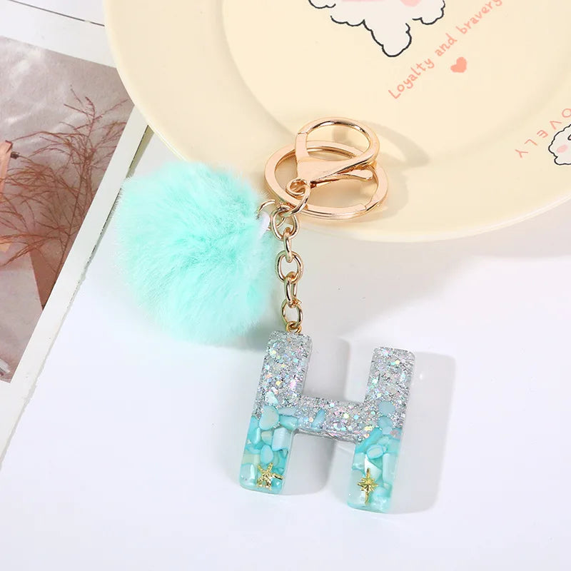 Aqua Flow 26 Initials Letter Key Pendant With Green Blue Fluffy Pompom