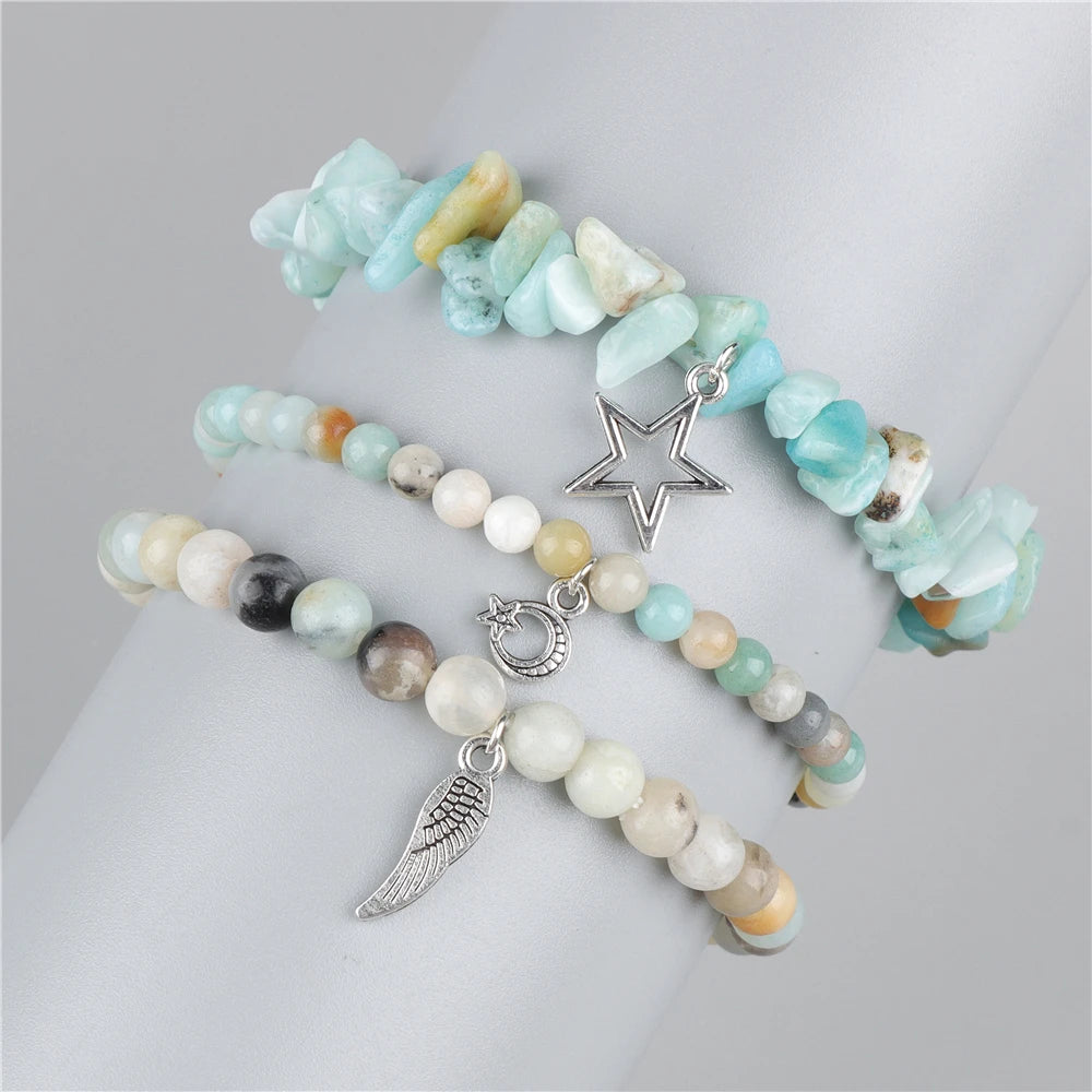 Natural Stone Healing Star Moon Feather Pendant Bracelets Sets