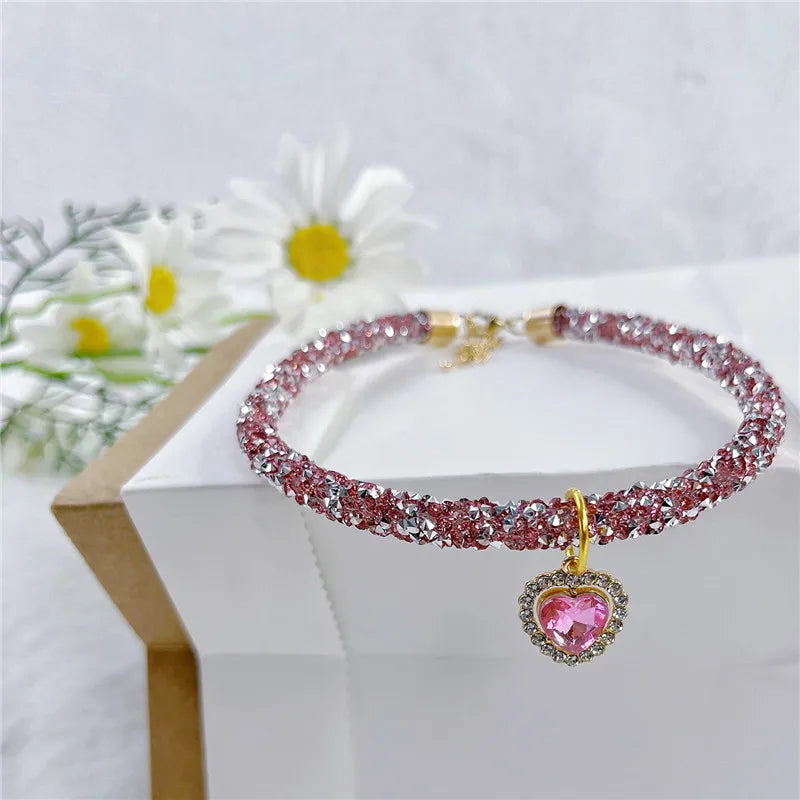 Crystal Cat & Dog Collar Heart Gem Pendant Rhinestone Necklace