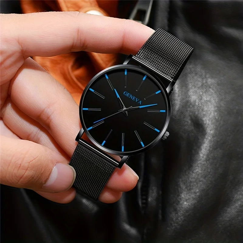Exquiste Black Quartz Watch & 4pcs Black Tree Of Life Bracelet Set