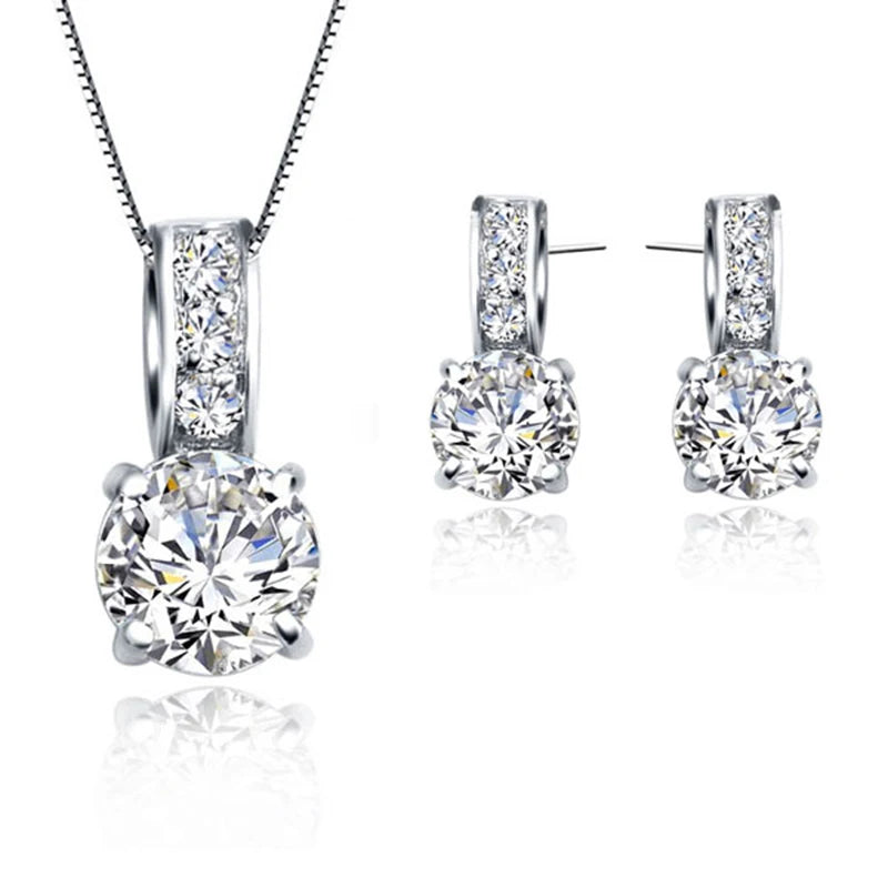 Gorgeous Silver Crystal Pendant Necklace Stud Earrings Set