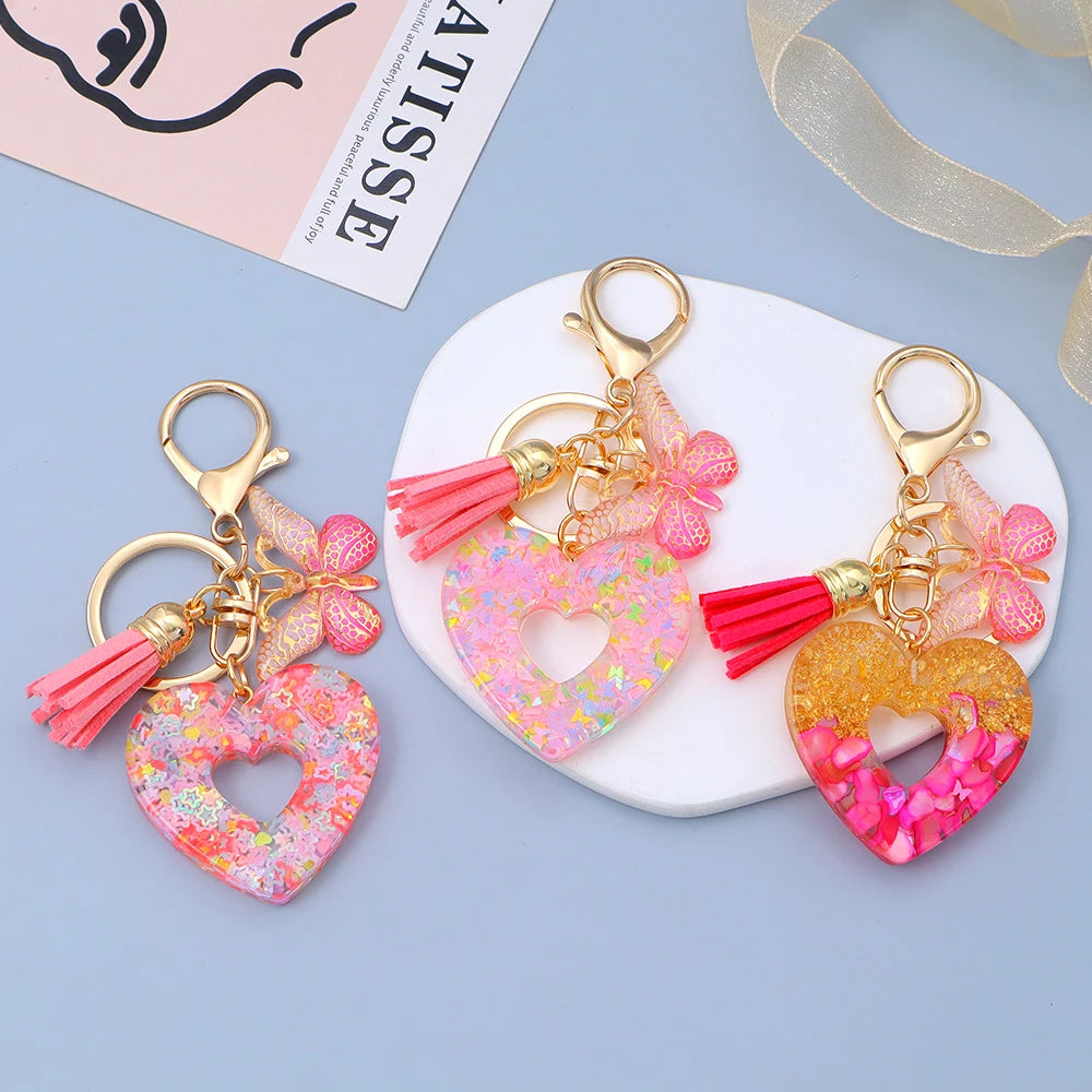 Creative Sequin Love Heart Keychain with Cute Butterfly Tassel