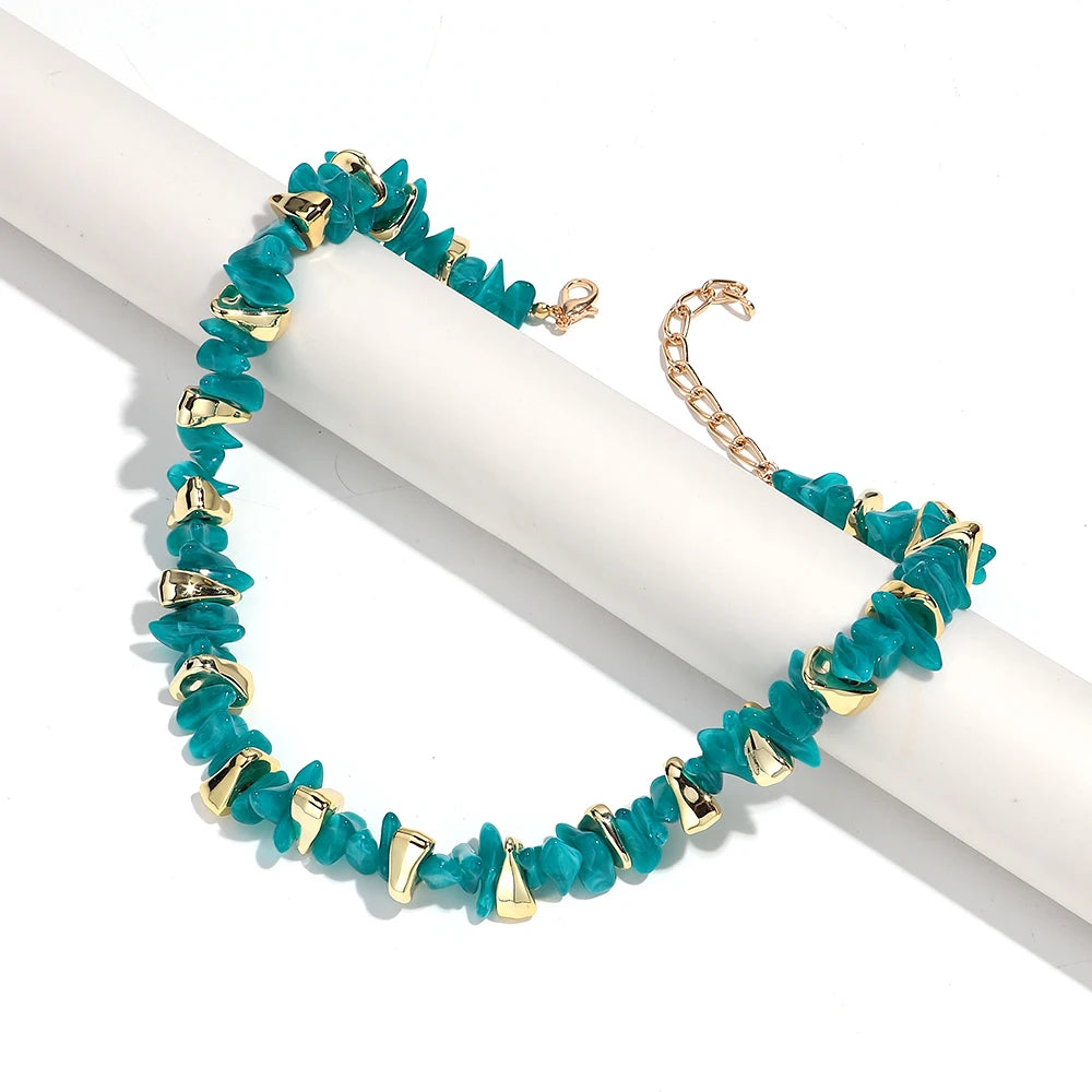 Gold Colorful Chip Stone Beads Necklace Bracelet Sets