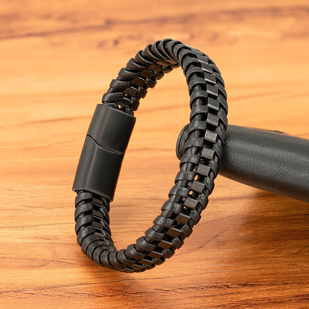 Sophisticated Black Braided Woven Leather Bracelets