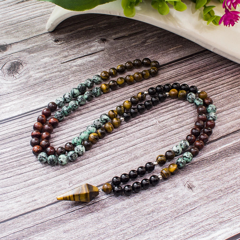 Black Onyx African Turquoise Beads Necklace Set with Tiger Eye Pendant