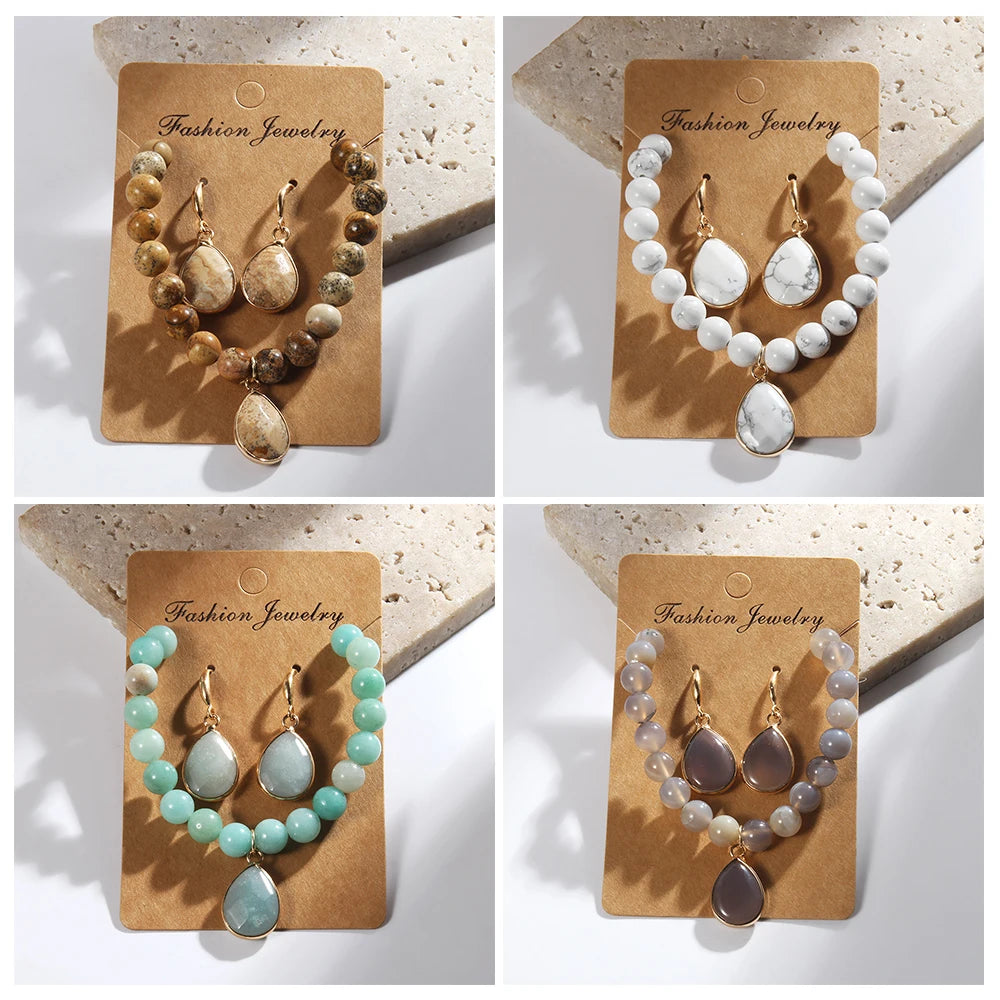 Gorgeous Stone Beaded Bracelet & Stone Drop Charm Earring Sets