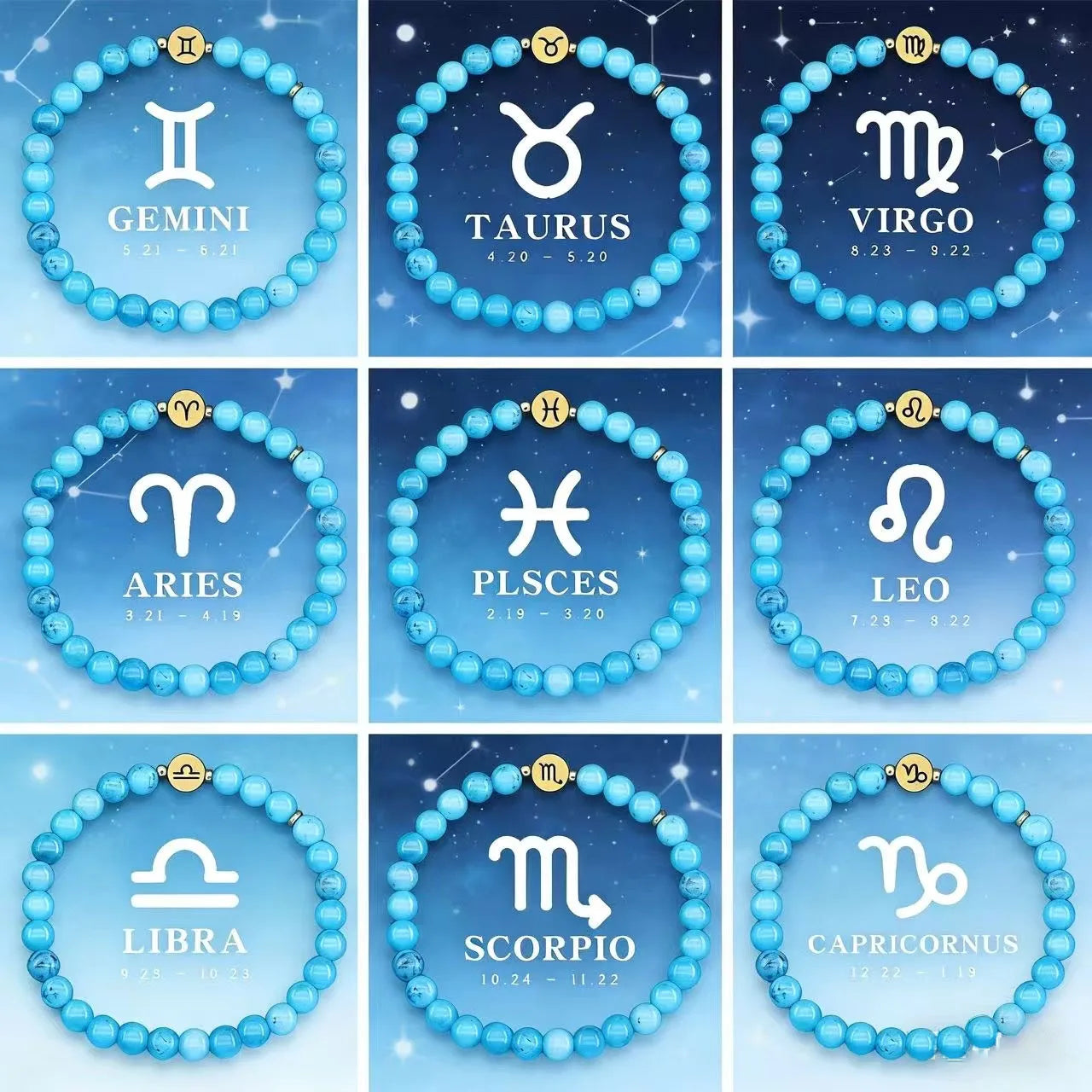 Natural Stone Blue Turquoise 12 Zodiac Bracelets