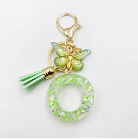 Spring Green Color Glitter Initial Letter Key Chain With Butterfly Tassel Pendant ﻿