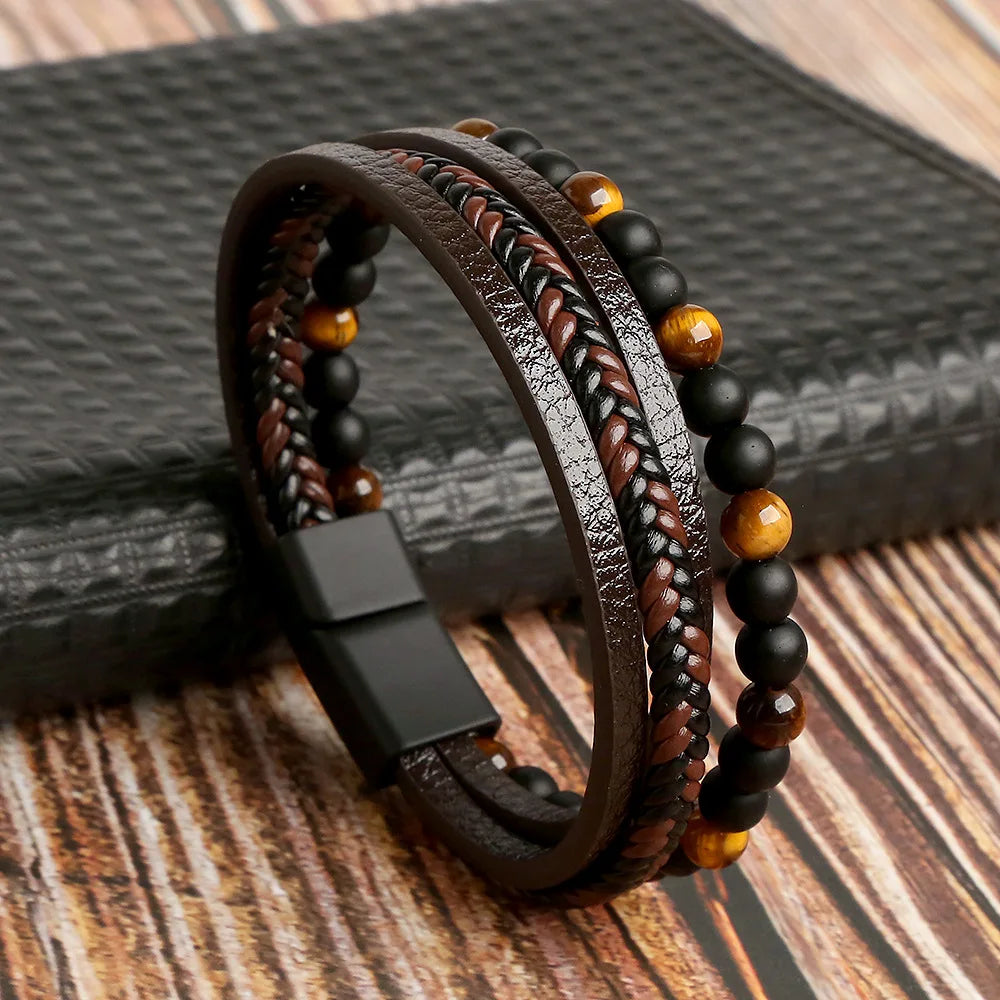 Tree of Life Tiger Eye Beaded Multi-Layer Leather Bracelets