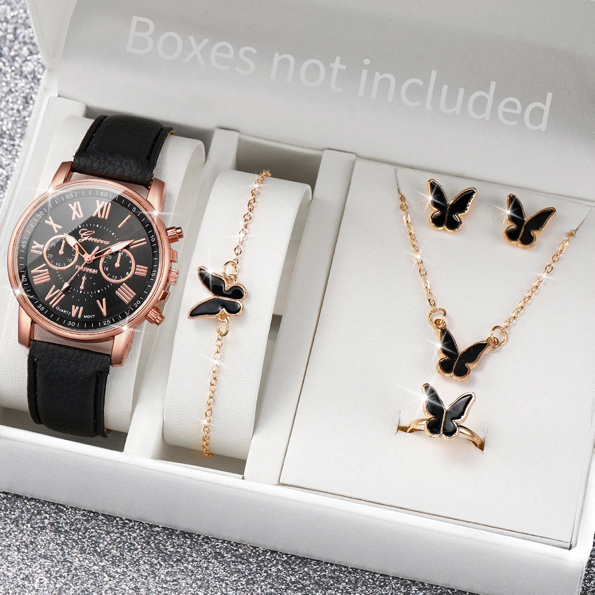 Luxury Leather Band Analog Wrist Watches & Heart Rhinestone Jewelry Set