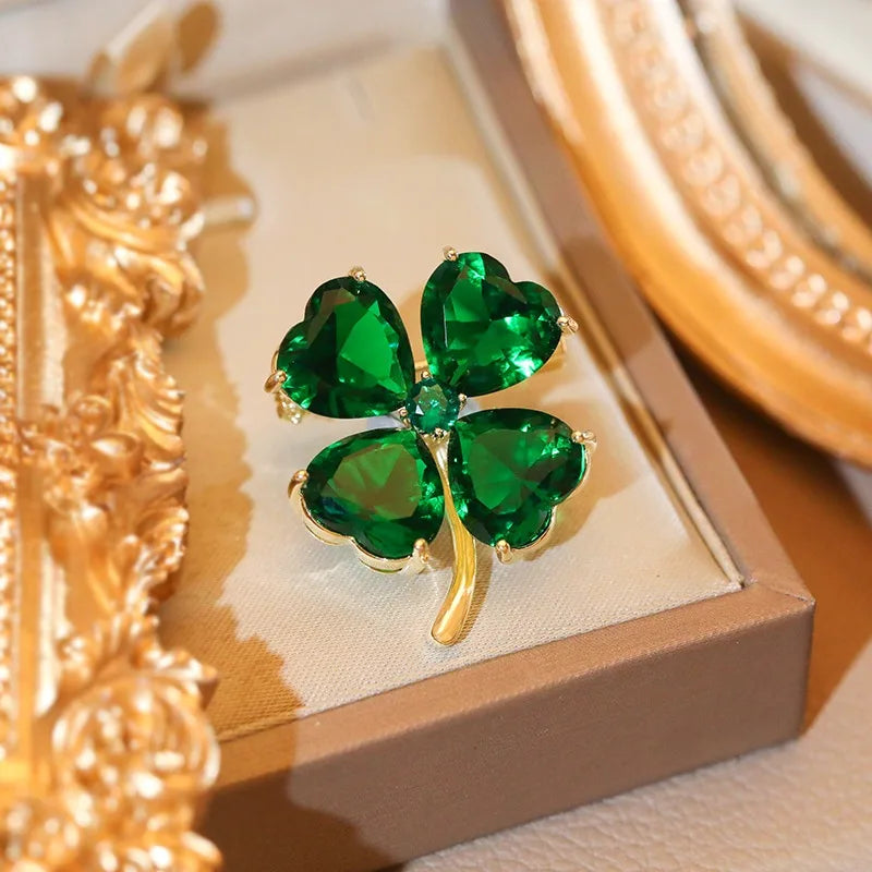 Lucky Four-leaf Clover French Emerald Brooch