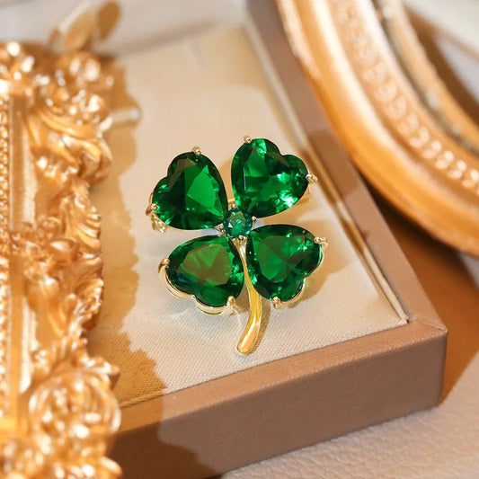 Lucky Four-leaf Clover French Emerald Brooch