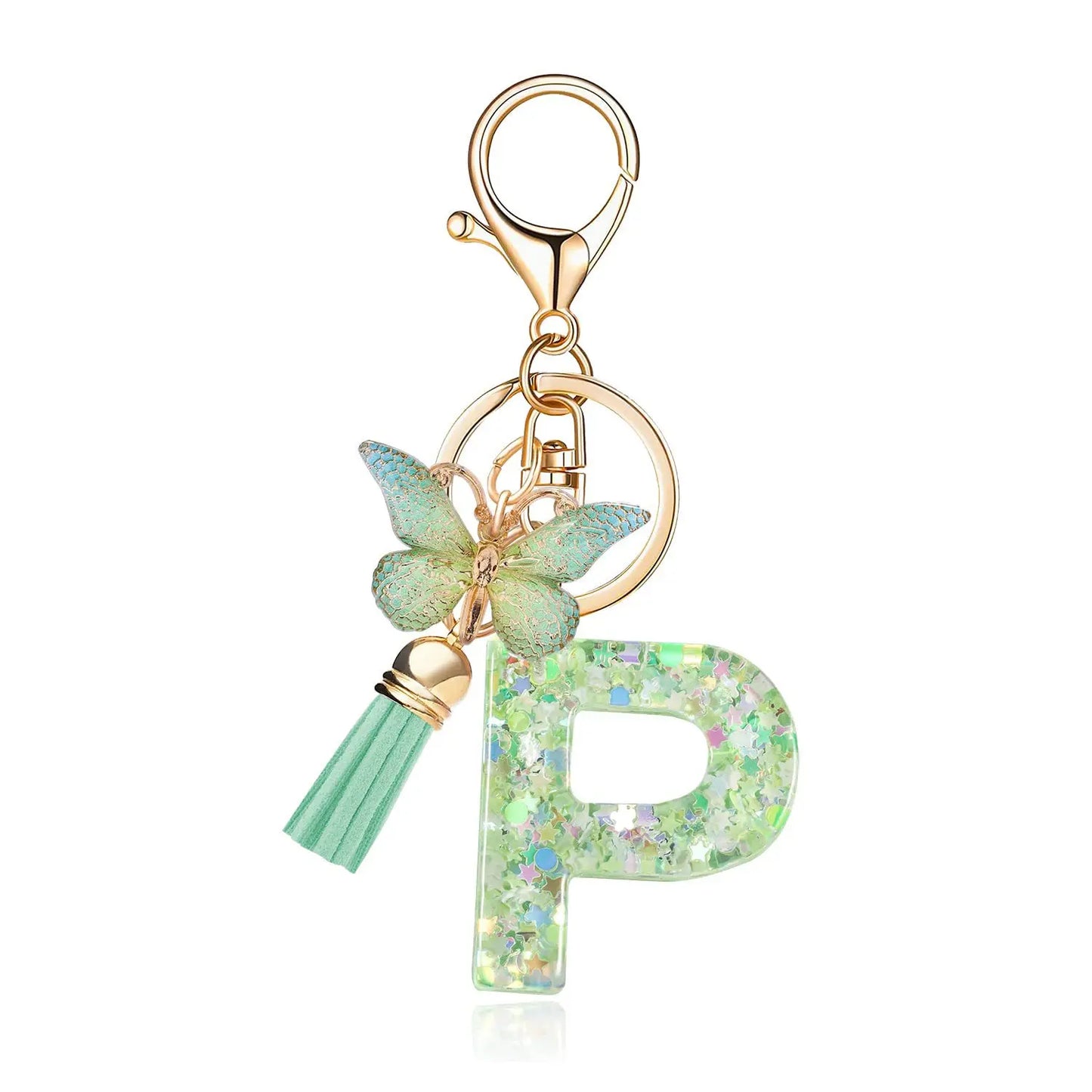 Spring Green Color Glitter Initial Letter Key Chain With Butterfly Tassel Pendant ﻿