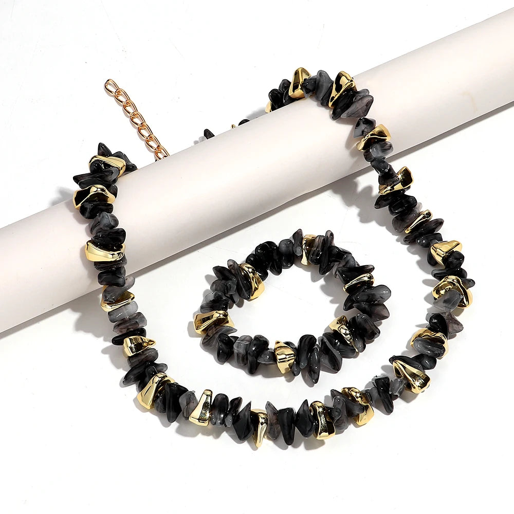 Gold Colorful Chip Stone Beads Necklace Bracelet Sets