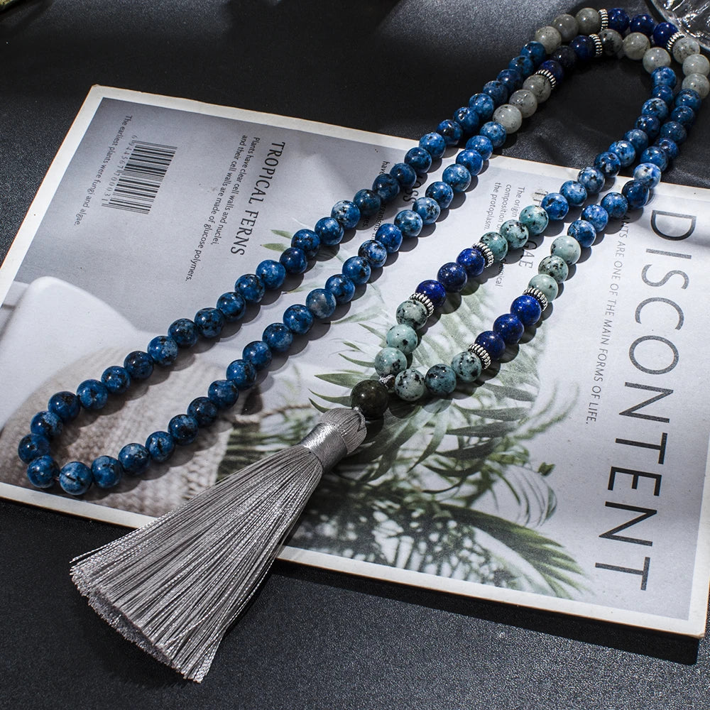 Blue & White Natural Stone Beaded Tassel Necklace